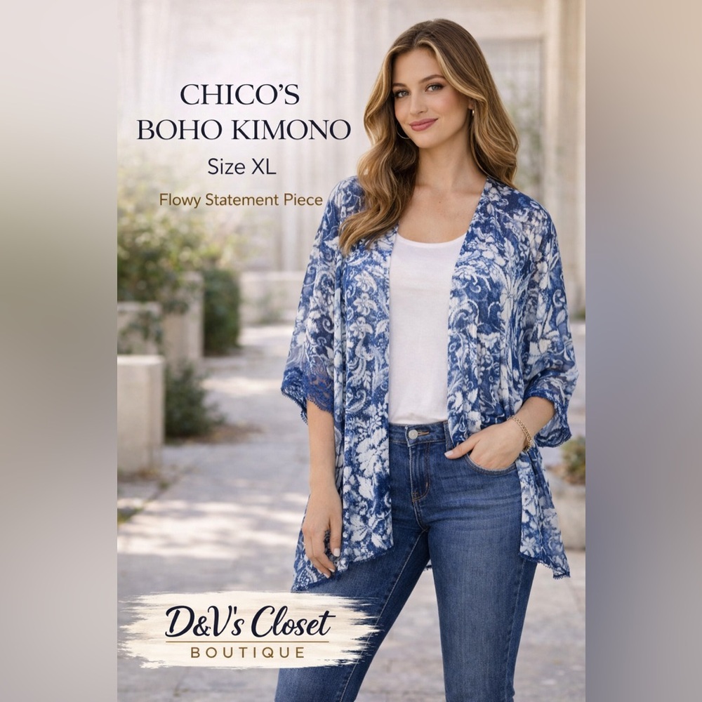 Chico’s Boho Kimono Cardigan XL Indigo Ivory Floral Lightweight Duster Layering
